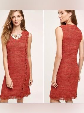ANTHROPOLOGIE Holding Horses Fringe Sweater Dress Red & Orange Sleeveless Knee
